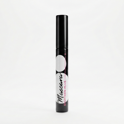 Black mascara tube with white label on a white background